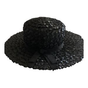 Vintage Suzy Hat Black Woven Straw Wide Brim With Ribbon Accent Women's Medium